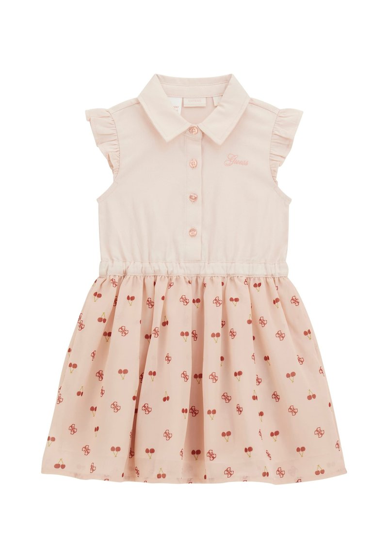 Pale pink dress with short ruffled sleeves, button front, and elastic waist. Skirt features a cherry pattern in red and brown.