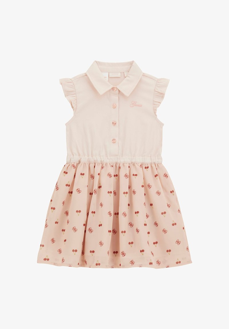 Heled roosa kleit lühikeste volangidega varrukatega, nööbivarrukaga ja elastse vöökohtaga. Seeliku mustril on punased ja pruunid kirsid.