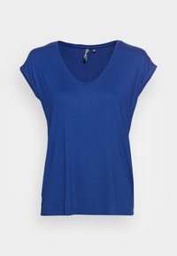Blue short-sleeve t-shirt with a V-neck design, featuring a smooth texture and a loose fit, suitable for casual wear.