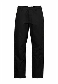 Pantalones de algodón negros con diseño de pierna recta, que cuentan con cierre frontal de cremallera y botón, bolsillos laterales y una textura suave.