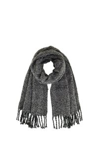 Écharpe grise tissée avec un motif texturé, présentant des bords frangés. Tissu doux et chaud, idéal pour les temps froids.