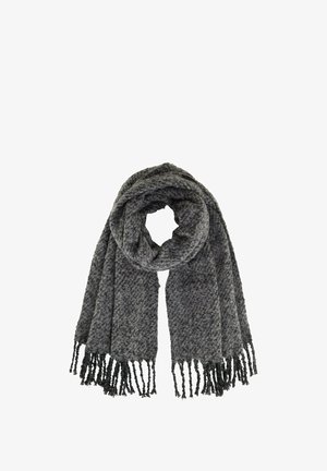 Grauer gewebter Schal mit strukturiertem Muster und fransigen Kanten. Weicher, warmer Stoff, ideal für kälteres Wetter.