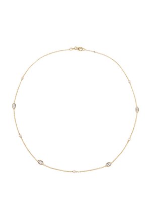 Collier délicat en chaîne d’or avec cinq petites perles et cinq pierres précieuses ovales et transparentes, espacées uniformément autour de la chaîne.