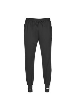 Black jogger pants made of soft fabric, featuring an elastic waistband with a drawstring, side pockets, and ribbed cuffs with white accents.