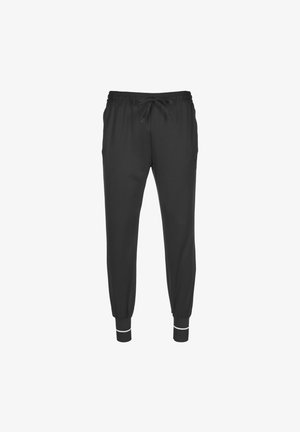 Schwarze Jogginghosen aus weichem Material, mit einem elastischen Bund und Kordelzug, seitlichen Taschen und gerippten Bündchen mit weißen Akzenten.