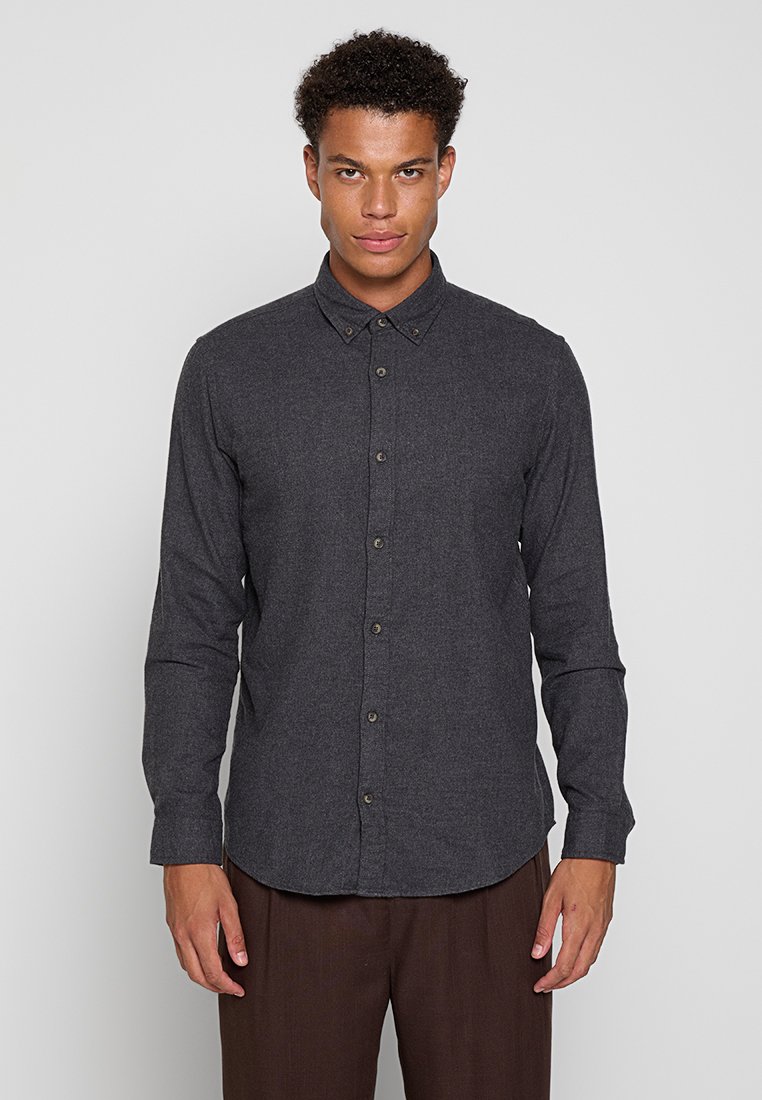 Dunkelgrauhemden mit Kragen, langen Ärmeln und strukturierter Stoff. Verfügt über dunkle Knöpfe und eine taillierte Passform.