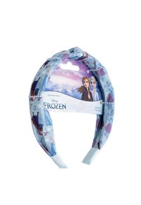 Diadème Disney Frozen en tissu bleu clair, avec des imprimés de personnages, un design tissé et un détail supérieur noué. Texture douce et ajustement flexible.
