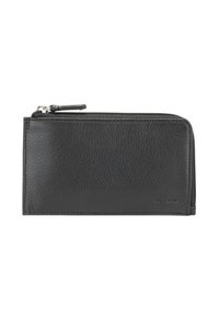Portefeuille en cuir noir avec une finition texturée, fermeture zippée et un logo subtil à l'avant. Design rectangulaire compact.