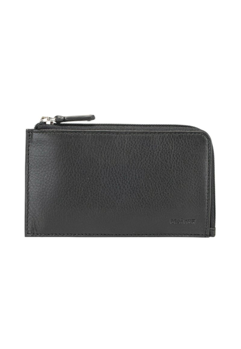 Portefeuille en cuir noir avec une finition texturée, fermeture zippée et un logo subtil à l'avant. Design rectangulaire compact.