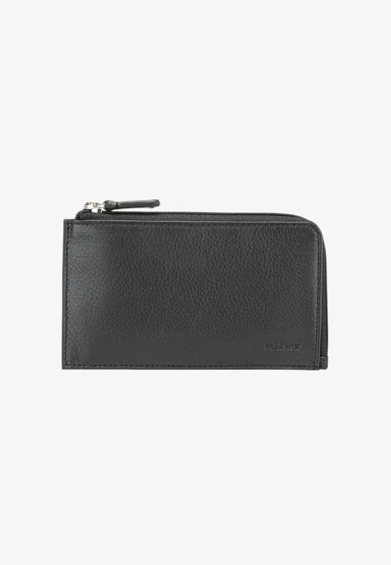 Black leather wallet with a textured finish, zip closure, and a subtle logo on the front. Compact rectangular design.