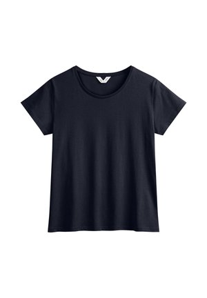 Navyblauwe T-shirt met korte mouwen, gemaakt van zacht materiaal, met een ronde halslijn en een relaxed fit. Geen patronen of accenten zichtbaar.