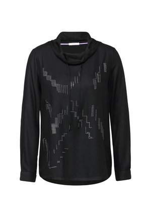 Zwarte lange mouwen top met een col nek, voorzien van contrasterende strassteentjes in een geometrisch patroon langs de voorkant. Zacht materiaal.