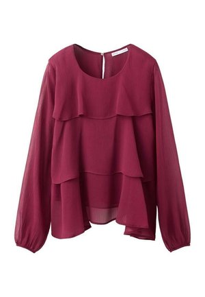 Langærmet bærfarvet bluse med lagdelte flæser og rund halsudskæring, med knaplukning bagpå.
