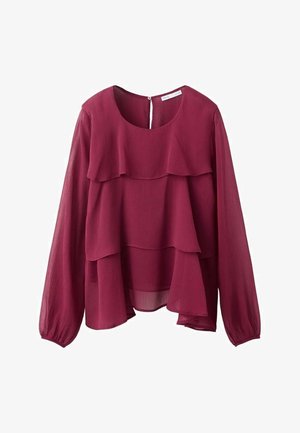 Langærmet bærfarvet bluse med lagdelte flæser og rund halsudskæring, med knaplukning bagpå.