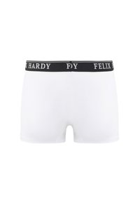 Boxers blancs avec une ceinture élastique noire portant le texte "FELIX HARDY" en blanc. Texture lisse, design ajusté, longueur mi-cuisse.