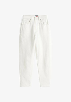 Weiße Jeans aus Denim mit hoher Taille, geradem Bein, fünf Taschen und Knopfverschluss, versehen mit dezenten Steppnähten.