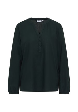 Mørkegrøn langærmet bluse med V-udskæring, der har en placket med fire knapper og elastiske manchetter. Blødt, glat stof med en afslappet pasform.