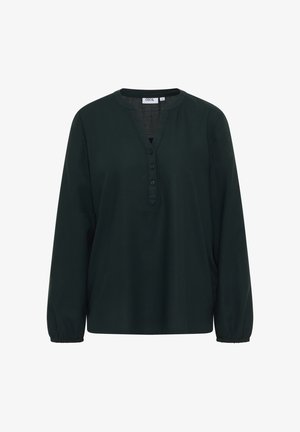 Mörkgrön långärmad topp med V-ringning, med en knäppning med fyra knappar och elastiska manschetter. Mjuk, slät tyg med avslappnad passform.