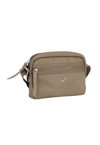 Borsa a tracolla in nylon beige con chiusura zip, tasca frontale, tracolla regolabile e dettaglio del logo argentato. Texture liscia e design elegante.