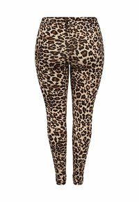 Leggings à imprimé léopard avec une base beige clair et des taches brunes foncées. Fabriqués en tissu extensible, conçus avec une silhouette ajustée et une taille élastique.