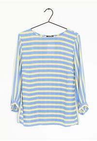 Blue and yellow striped blouse with long sleeves, a round neckline, and rolled cuffs. Lightweight fabric with a smooth texture.