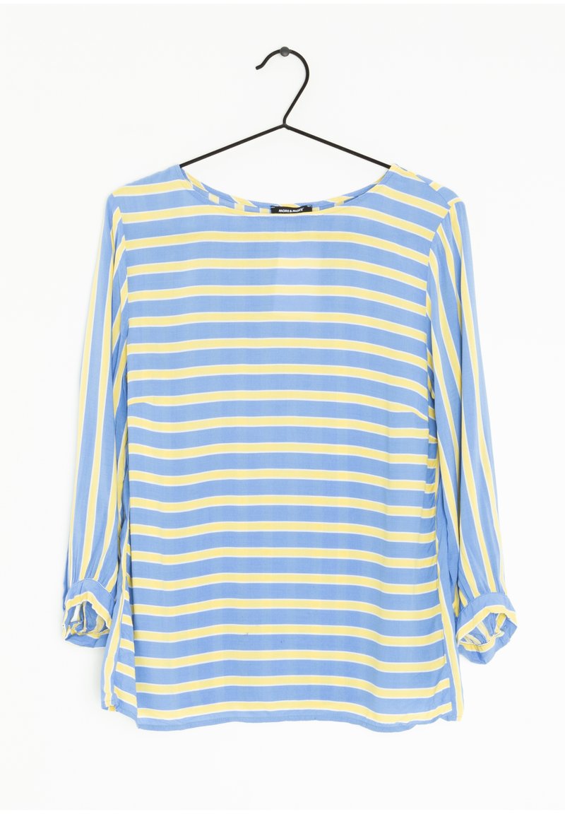 Blue and yellow striped blouse with long sleeves, a round neckline, and rolled cuffs. Lightweight fabric with a smooth texture.