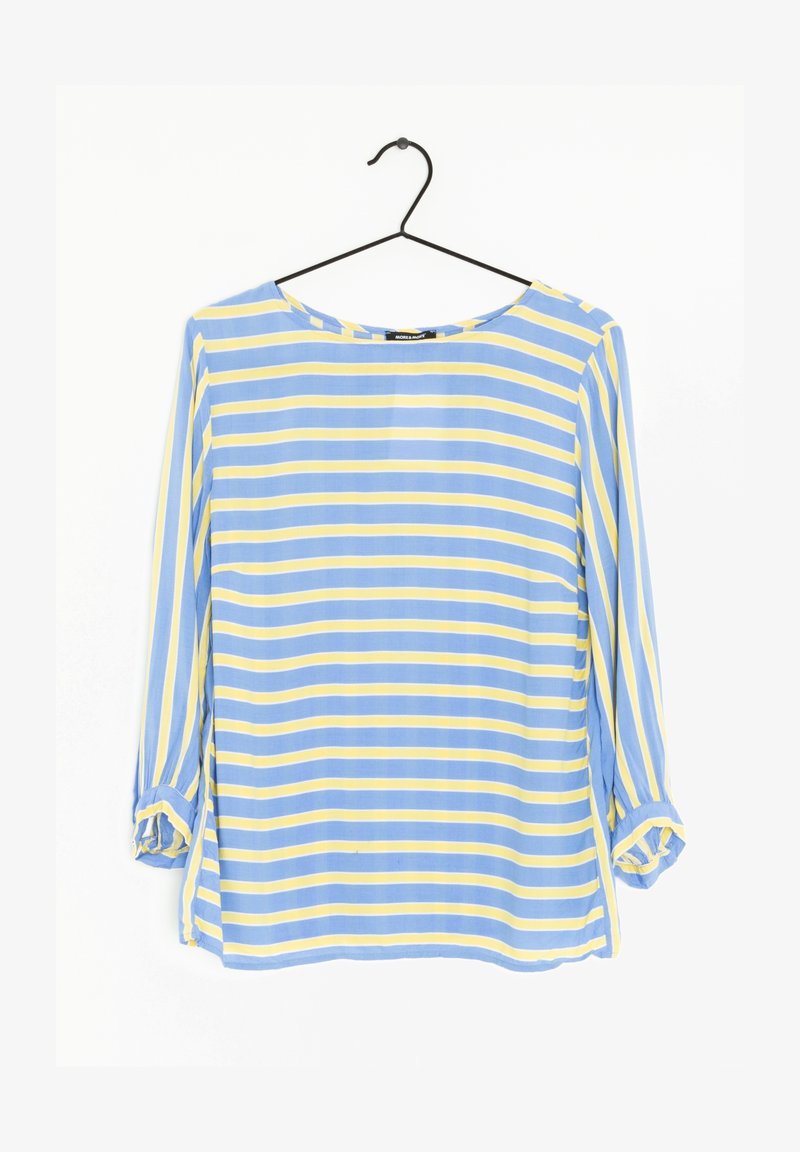 Blue and yellow striped blouse with long sleeves, a round neckline, and rolled cuffs. Lightweight fabric with a smooth texture.