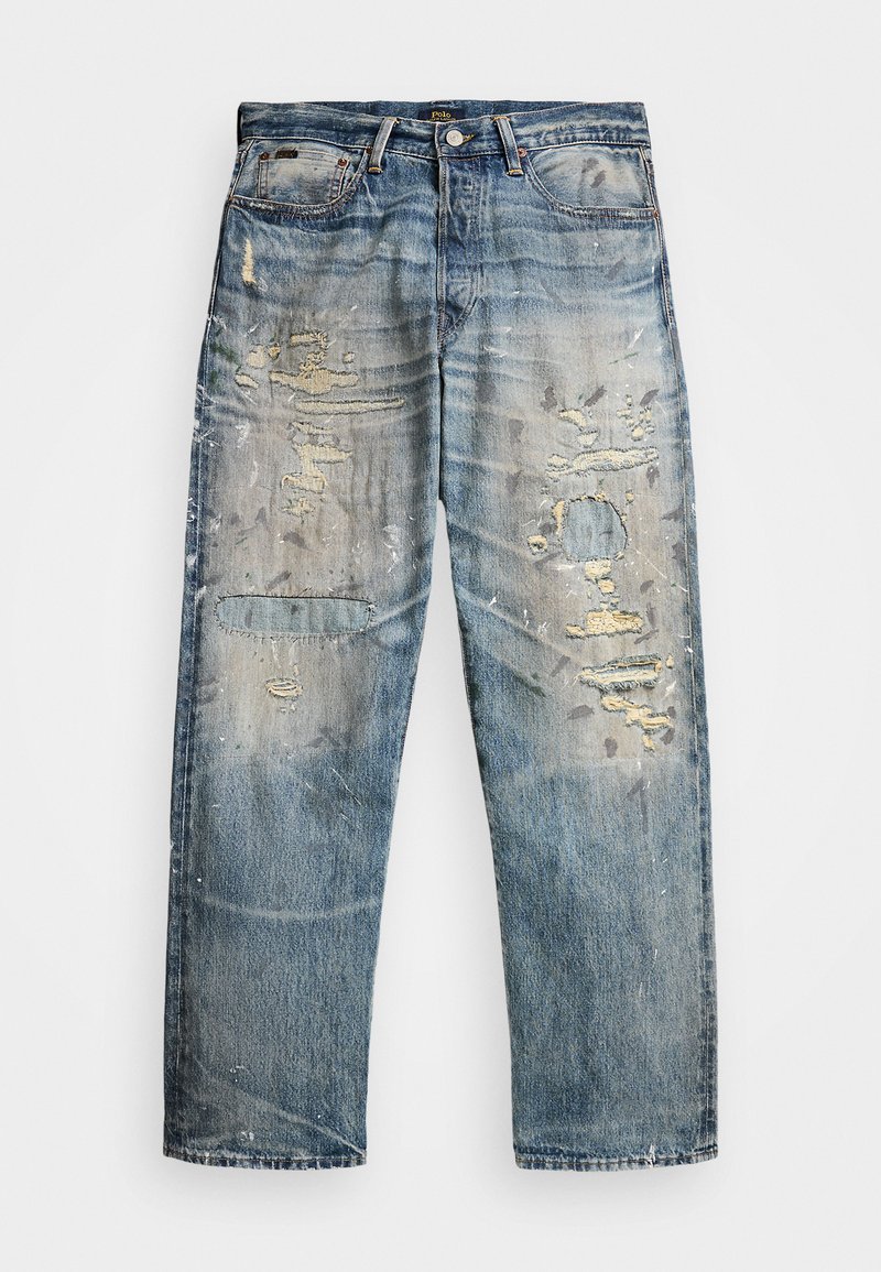 Light blue denim jeans with a relaxed fit, featuring distressed areas, frayed edges, and subtle paint splatters, emphasizing a worn look.