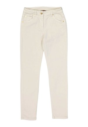 Licht beige slim-fit jeans met knoop en rits aan de voorkant, met twee voor- en twee achterzakken.