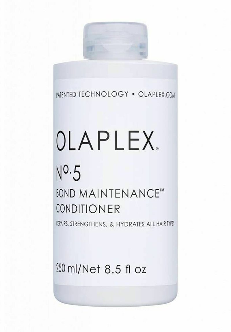 Olaplex No. 5 Bond Maintenance Conditioner in een witte cilindrische fles, met een duidelijke dop en een zwart tekstlabel met productdetails.