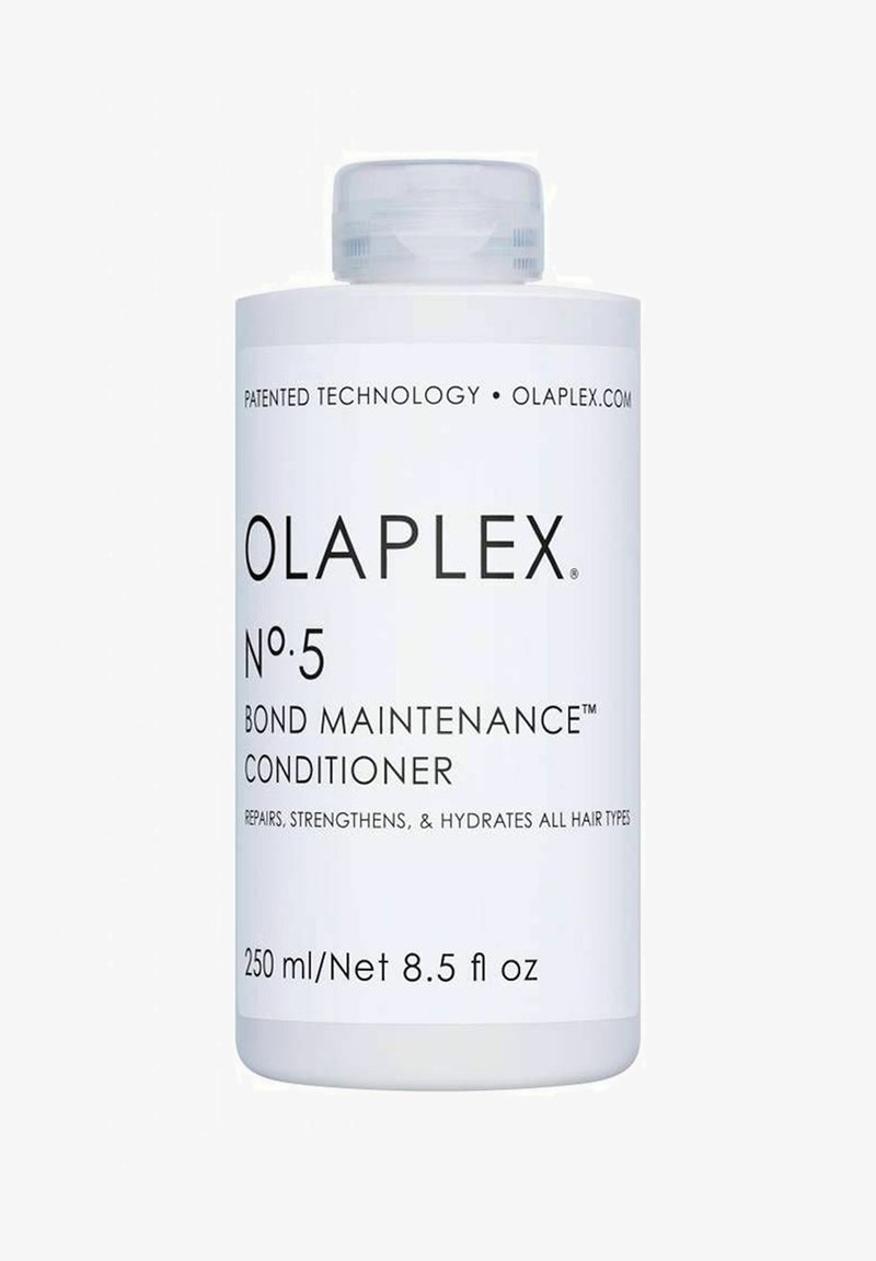 Olaplex No. 5 Bond Maintenance Conditioner in een witte cilindrische fles, met een duidelijke dop en een zwart tekstlabel met productdetails.