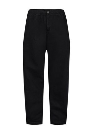 Svarte bukser lavet af en bomuldsblanding med en afslappet pasform, elastisk talje og knaplukning. Glat tekstur uden synlige mønstre.