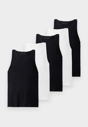 Set of five sleeveless tank tops in black and white cotton fabric. Features crew necks, fitted design, and plain texture.