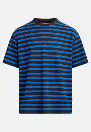 T-skjorte med korte ermer i ribbet bomull, med horisontale svarte og lyseblå striper og rund hals.