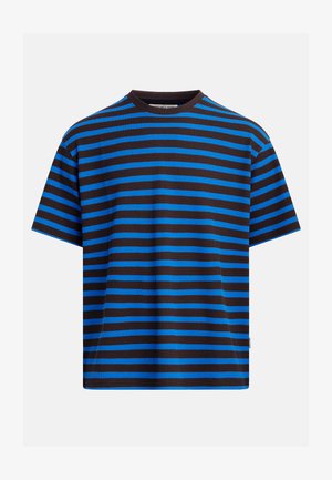 T-skjorte med korte ermer i ribbet bomull, med horisontale svarte og lyseblå striper og rund hals.