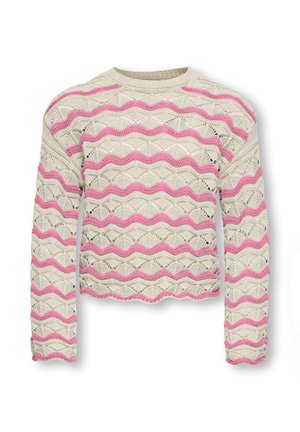 Pull en tricot à manches longues avec base crème et rayures ondulées roses, avec un motif ajouré et un col rond.
