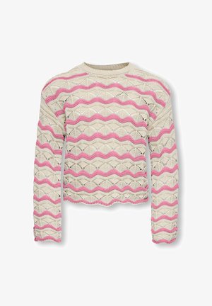 Langærmet strikket sweater med cremefarvet bund og lyserøde bølgede striber, med hulmønster og rund halsudskæring.
