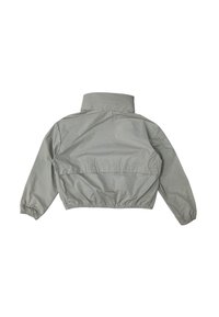 Giacca corta grigia chiara con colletto alto, polsini elasticizzati e vestibilità comoda. Texture liscia con cuciture a vista e design minimal.