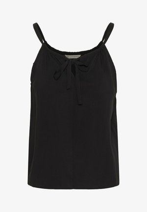 Black sleeveless top with adjustable straps, gathered neckline, front tie detail, loose fit, and soft fabric texture.