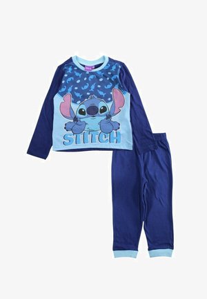 Ensemble de pyjama deux pièces en tons bleus. Le haut à manches longues présente un motif graphique de Stitch et un imprimé ; le pantalon est uni bleu marine avec une taille élastique.
