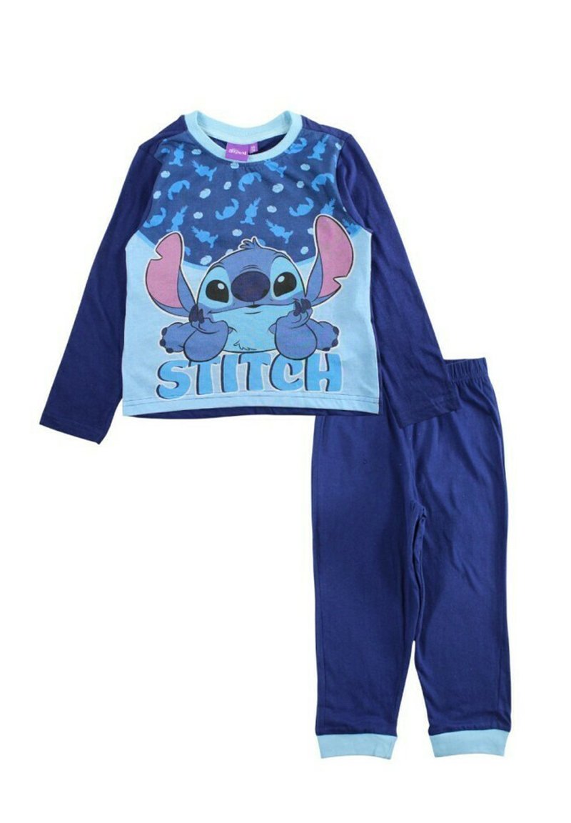 Ensemble de pyjama deux pièces en tons bleus. Le haut à manches longues présente un motif graphique de Stitch et un imprimé ; le pantalon est uni bleu marine avec une taille élastique.