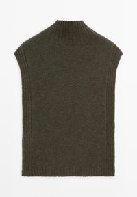 Dark olive green knit sleeveless top with a high ribbed neck and subtle side seam detailing. Soft texture and relaxed shape.