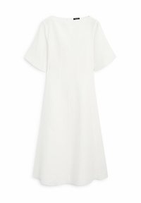 Robe blanche longueur genoux avec des manches courtes, encolure ronde et silhouette en A, présentée sur un fond blanc uni.