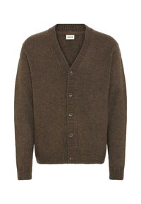 Brown knit cardigan with a V-neck, long sleeves, and five button closure, featuring a textured fabric and ribbed cuffs.