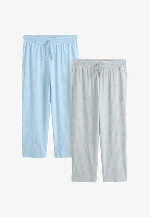 To par lette pyjamasbukser med elastisk talje og snører, den ene lyseblå og den anden lysegrå med subtile lodrette striber.