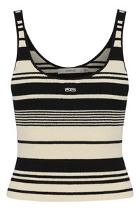 Débardeur noir et crème rayé avec un design ajusté, présentant de larges rayures horizontales et un logo centré sur le devant. Texture en tricot douce.