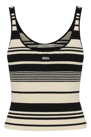 Débardeur noir et crème rayé avec un design ajusté, présentant de larges rayures horizontales et un logo centré sur le devant. Texture en tricot douce.