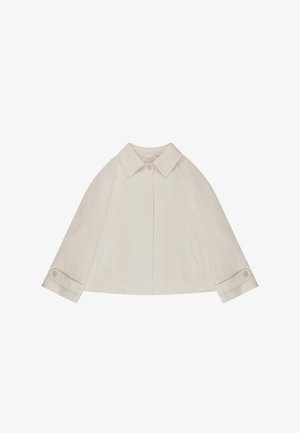 Cream-colored short coat with wide collar, long sleeves, buttoned cuffs, front pockets, and a single top button closure.