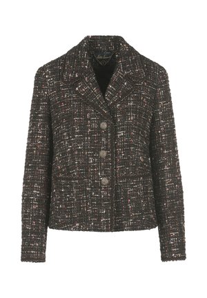 Dark tweed jacket with a collared neckline, three-button front, and two pockets. Features a textured pattern with multicolored threads.