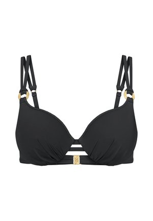 Czarny top bikini z podwójnymi ramiączkami, złotymi pierścieniami oraz złotym przednim zapięciem z potrójnym paskiem pod miseczkami.